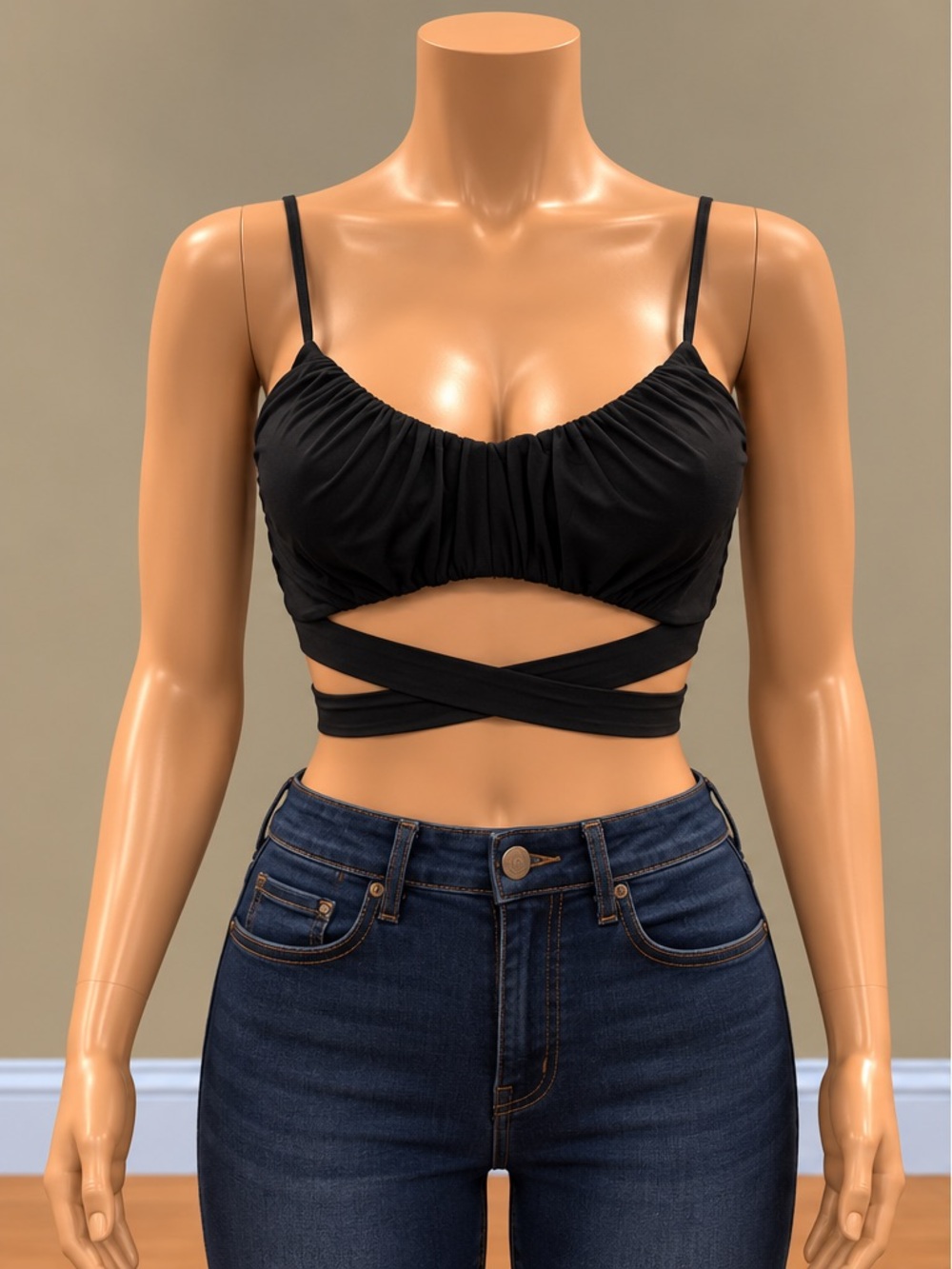 OOTDFash Black Ruched Wrap Tie Crop Top Strappy Y2K Small NWT